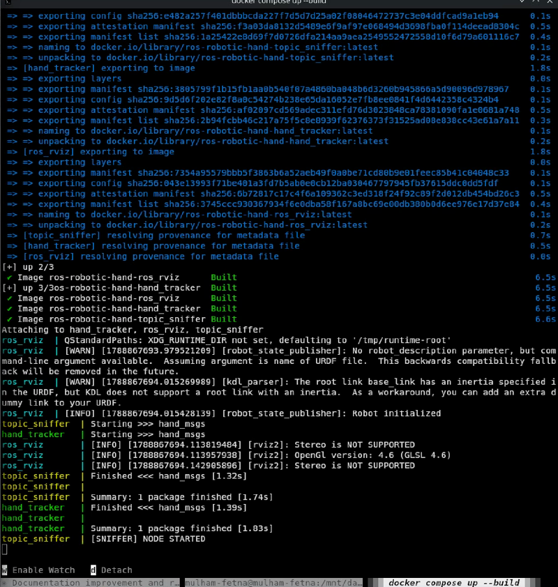 A full docker compose up –build: image layers exporting, colcon building hand_msgs inside both Python containers, then the ROS nodes attaching
