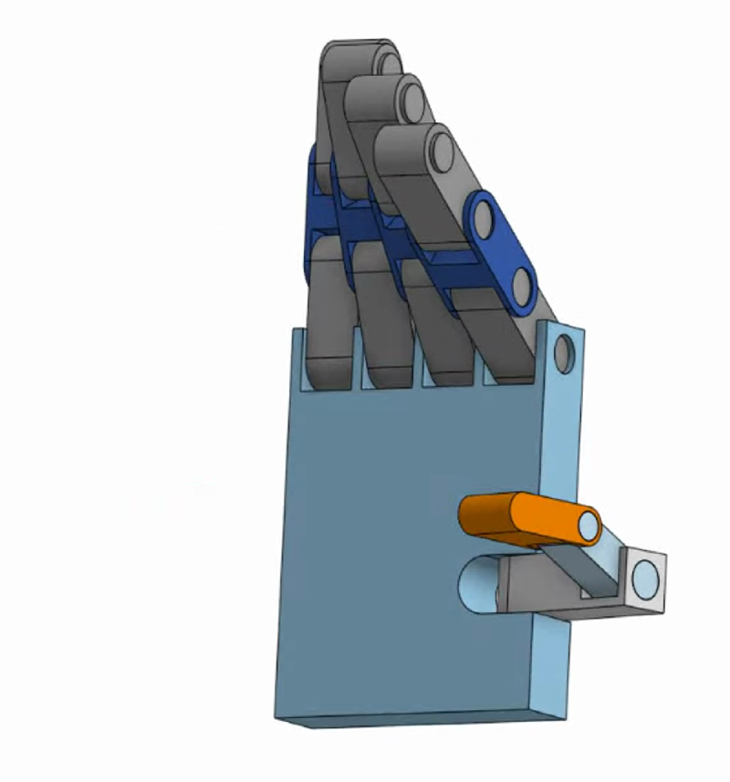 The CAD assembly with fingers curled, showing the linkage hierarchy at each knuckle