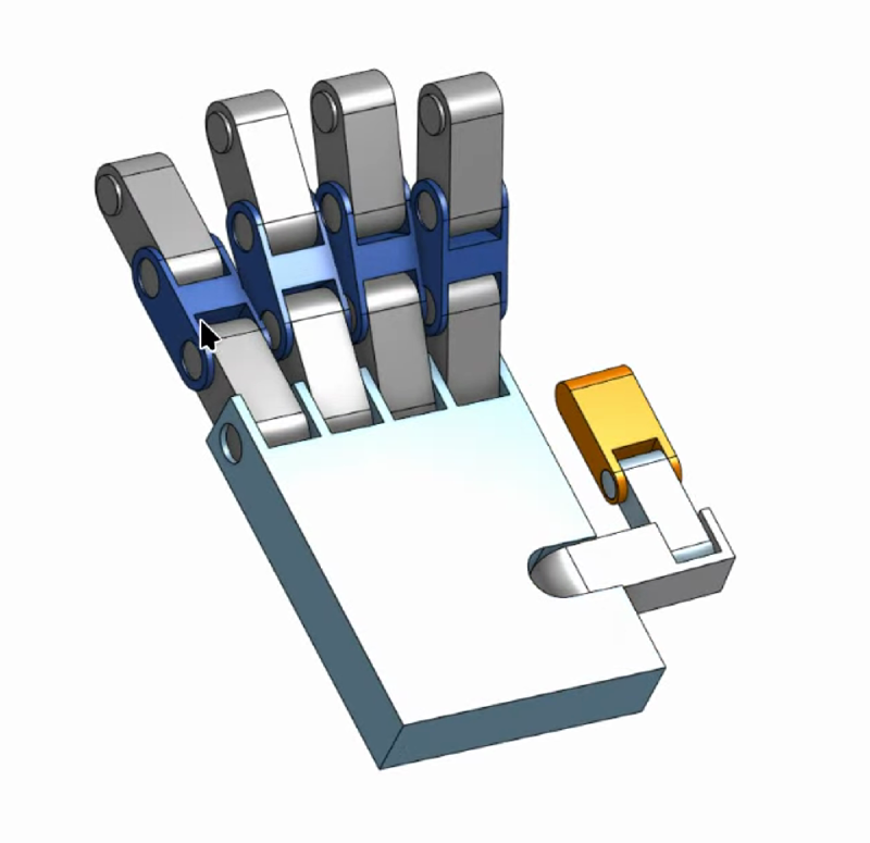 The robotic hand assembly in Onshape, fingers extended, showing blue finger linkages, grey phalanges and the orange thumb link