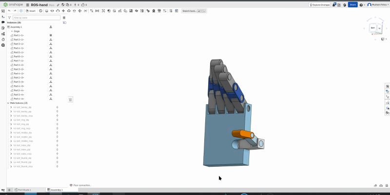 The Onshape mate features tree expanded, listing fifteen dof-prefixed revolute mates from dof_twinky_dip through dof_thumb_mcp