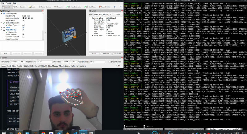 The full running stack: RViz twin, MediaPipe landmark overlay, and the tracker and sniffer logs streaming side by side