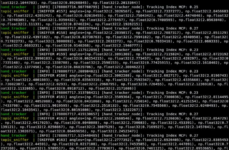 Interleaved container logs: hand_tracker printing the mapped index MCP angle, topic_sniffer printing all fifteen raw angles for the same frame