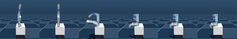 Filmstrip of the simulated hand at flexion 0.0, 0.5, 0.505, 0.51, 0.52 and 1.0 — only 0.505 shows a partial curl