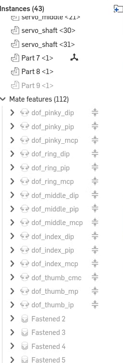 Mate features list: dof_pinky_dip through dof_thumb_ip, then Fastened mates