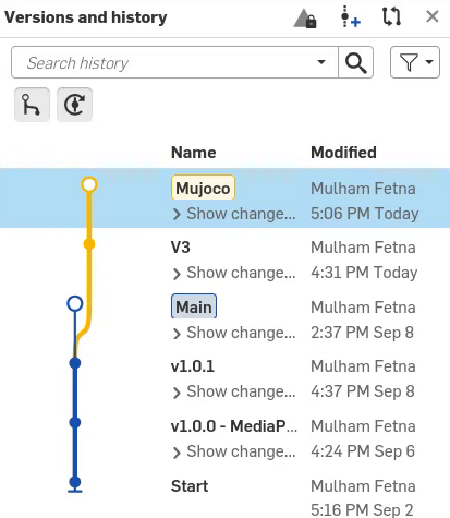 Onshape version graph: Start, v1.0.0 MediaPipe, v1.0.1, Main, V3, Mujoco branch