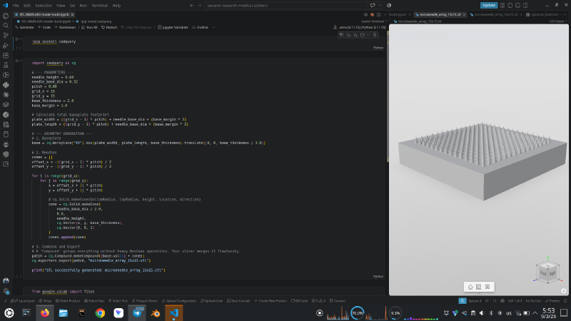 The CadQuery notebook open in VS Code, with the generated 225-cone STL displayed in the CAD Viewer pane alongside the source