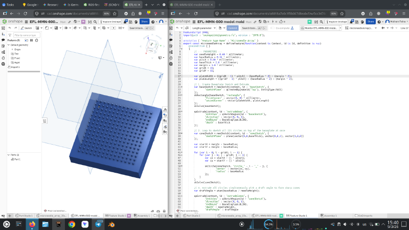 Onshape in two browser windows — the Part Studio showing the rendered 225-needle patch on the left, the FeatureScript editor with the microneedleArray feature on the right