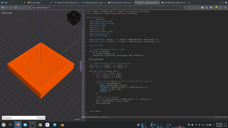 The JSCAD V2 browser editor at openjscad.xyz, showing the orange 225-needle render on the left and the source on the right, rebuilt in 16 ms
