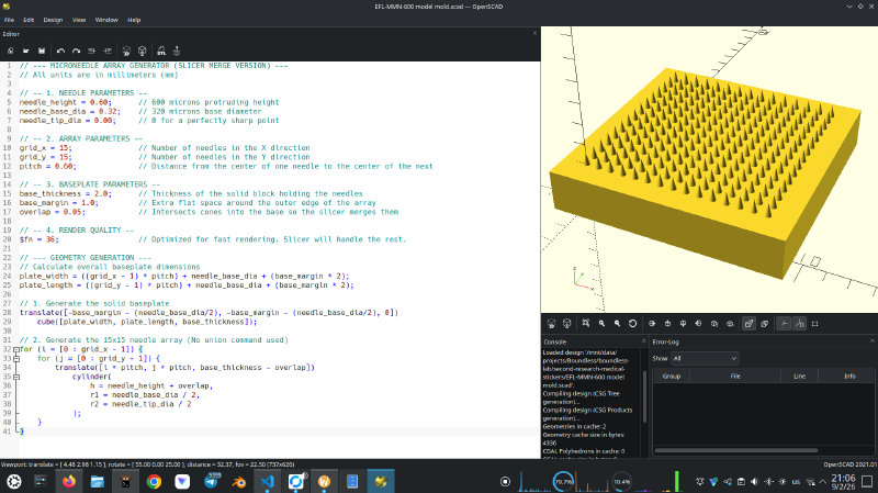 OpenSCAD 2021.01 with the source on the left and the yellow 225-needle render on the right; the console shows the CSG tree compiling with a 4,336-byte geometry cache